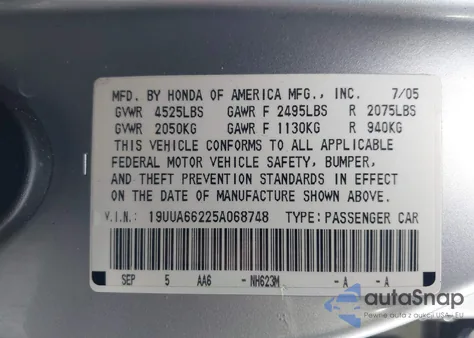 2005 Acura Tl z USA, uszkodzony, nr VIN 19UUA66225A068748